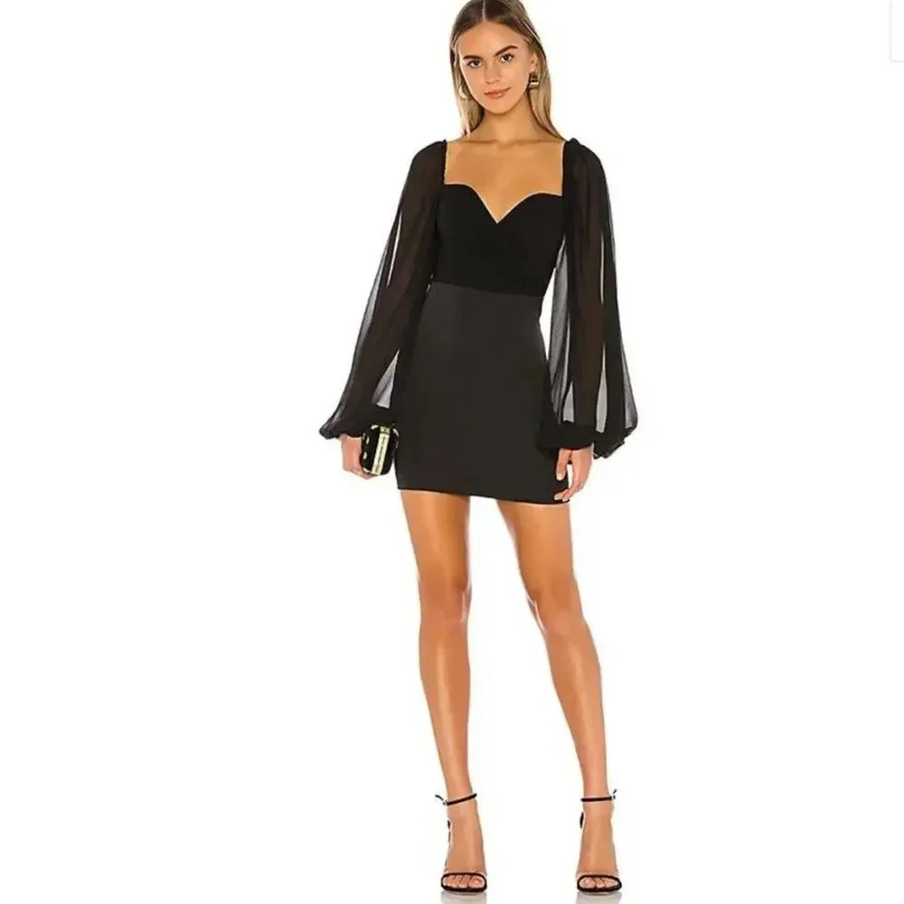 NBD Black Mini Dress with Sheer Bishop Sleeves